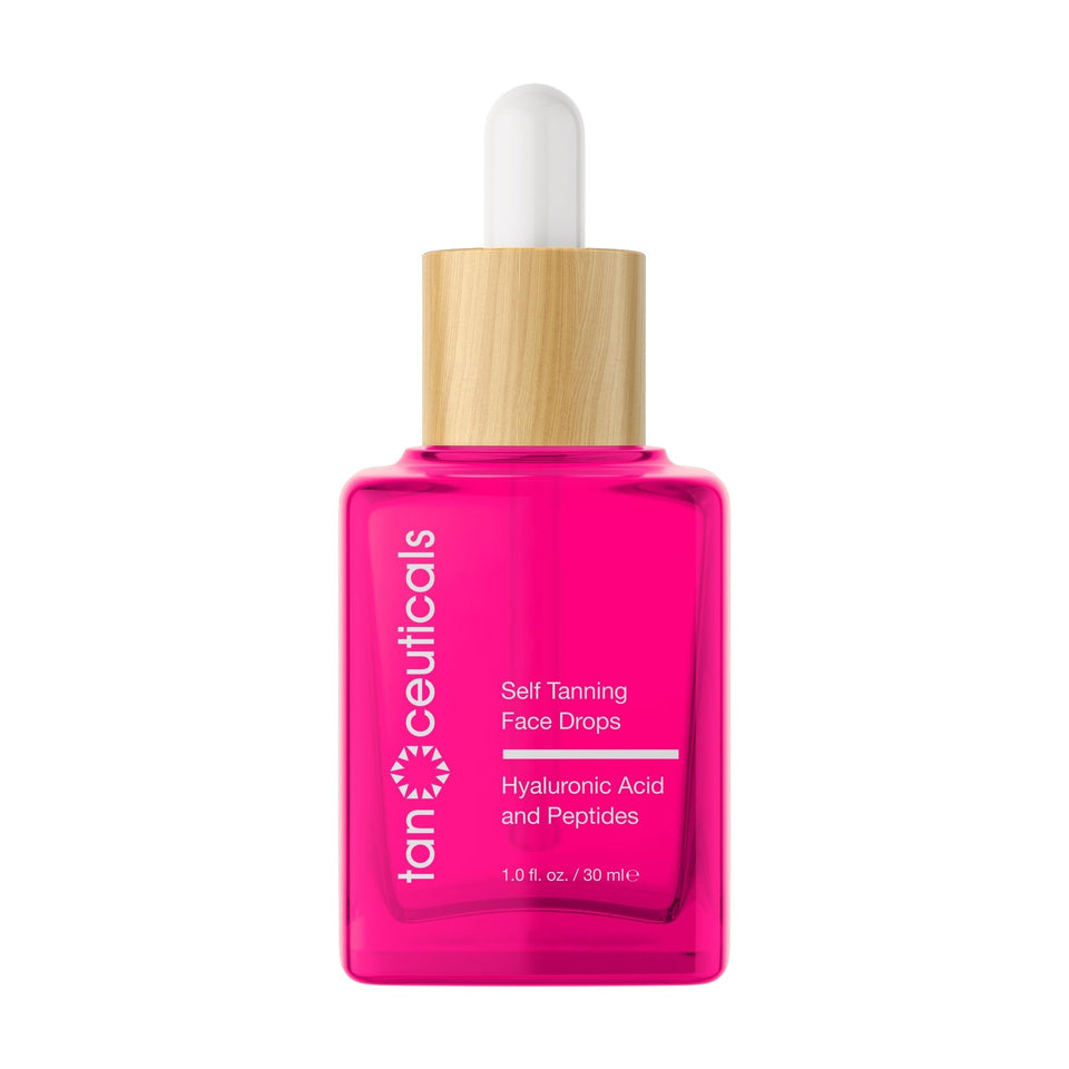 Tanceuticals front packaging showing compact bottle and dropper, clear benefit control