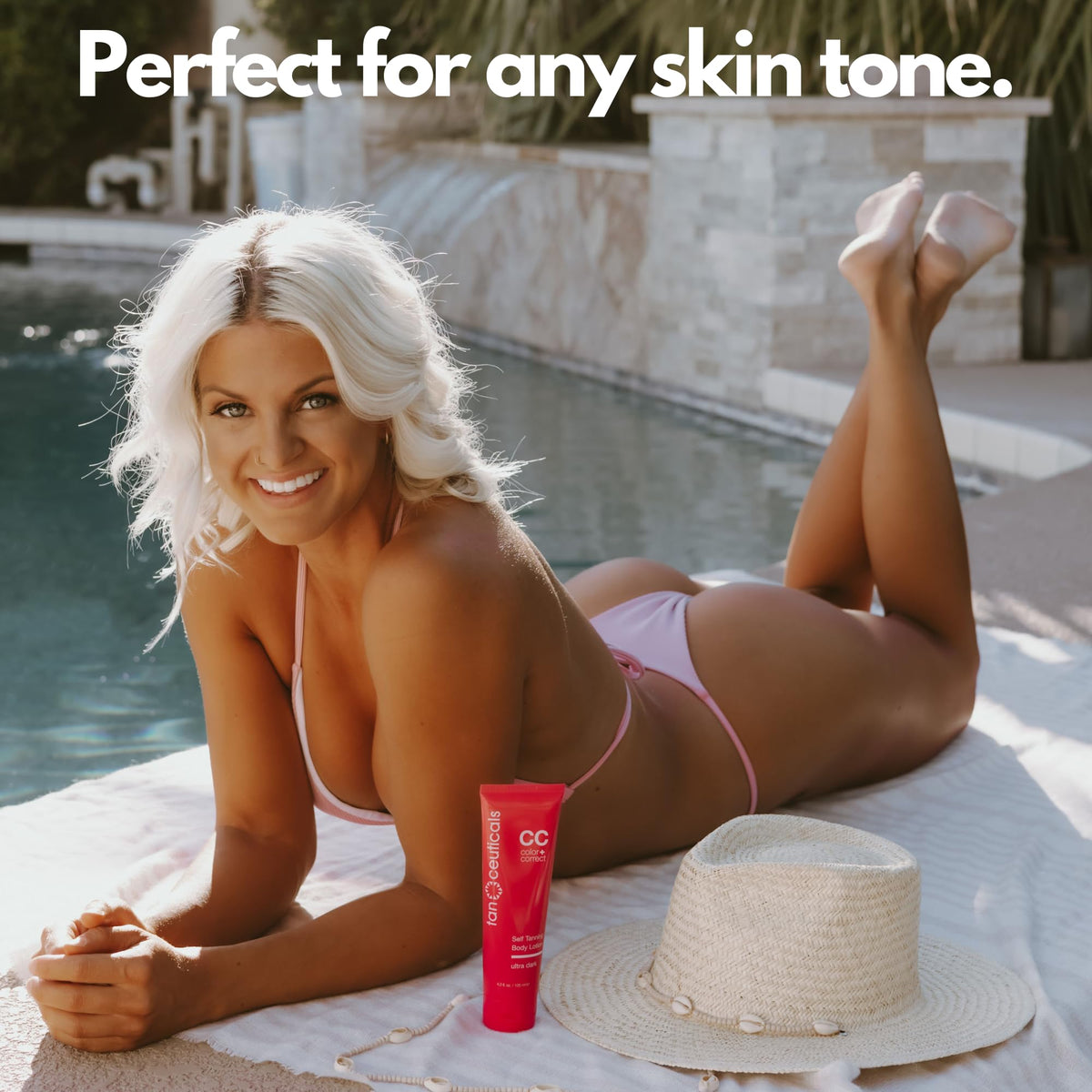 Tanceuticals bottle in a beach bag lifestyle setting suggesting bronzed confidence