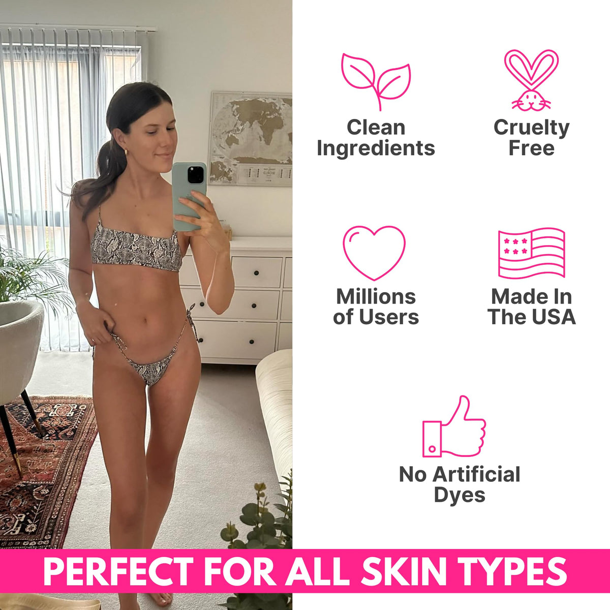 Tanceuticals in lifestyle setting woman applying for natural glow