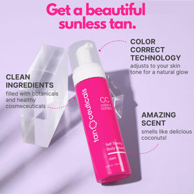 Tanceuticals mousse dispensed on hand showing creamy foam texture and fast-drying benefit