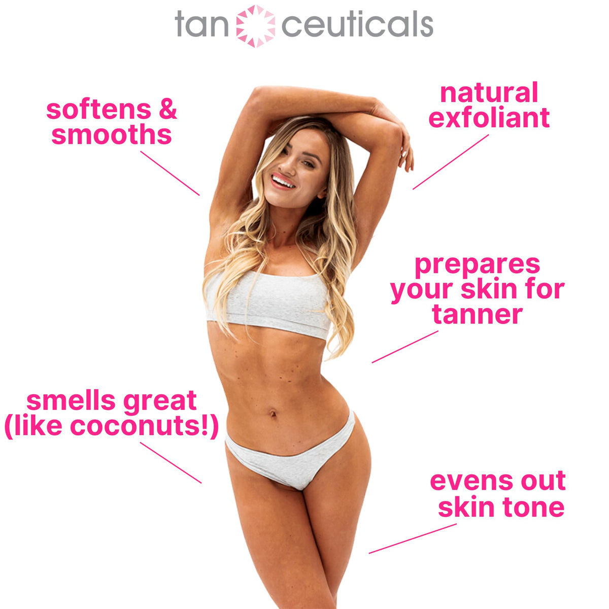 Tanceuticals scrub in hand being applied to wet skin for even tan prep
