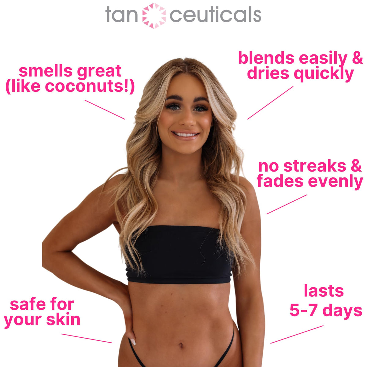 Tanceuticals bottle beside common objects showing 6.7 oz scale