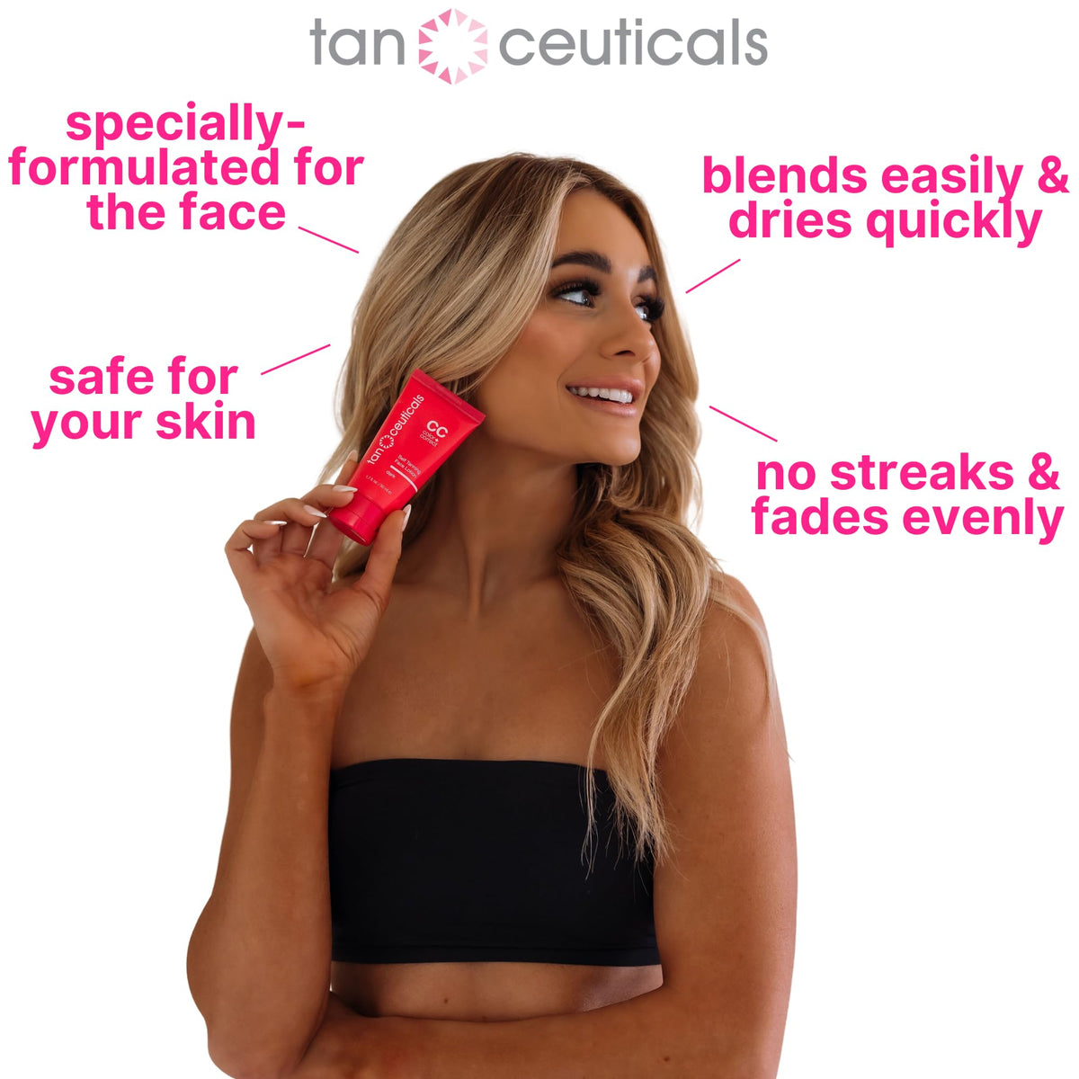 Tanceuticals 1.7 oz bottle beside makeup for scale and travel-friendly benefit