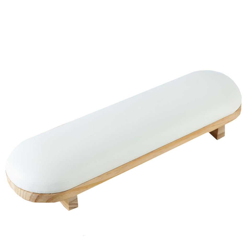 TANG SONG front view of wooden arm rest showing stable base and clean white cushion for steady manicures