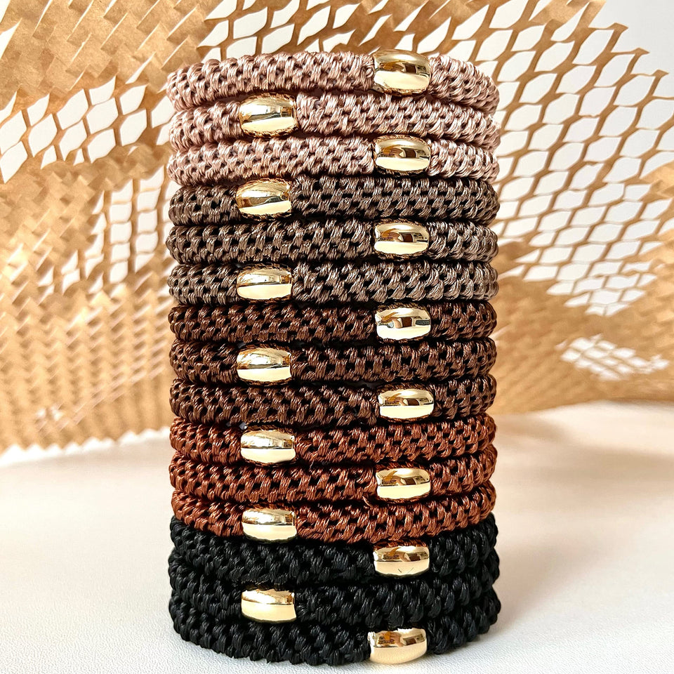 Tanha front view of 15 brown hair ties showing set and colors, practical organization benefit