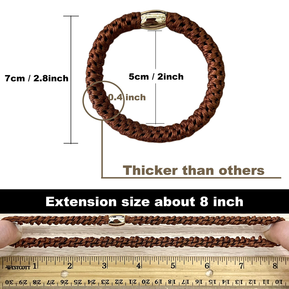 Tanha hair ties next to ruler demonstrating size and generous diameter for comfortable wraps
