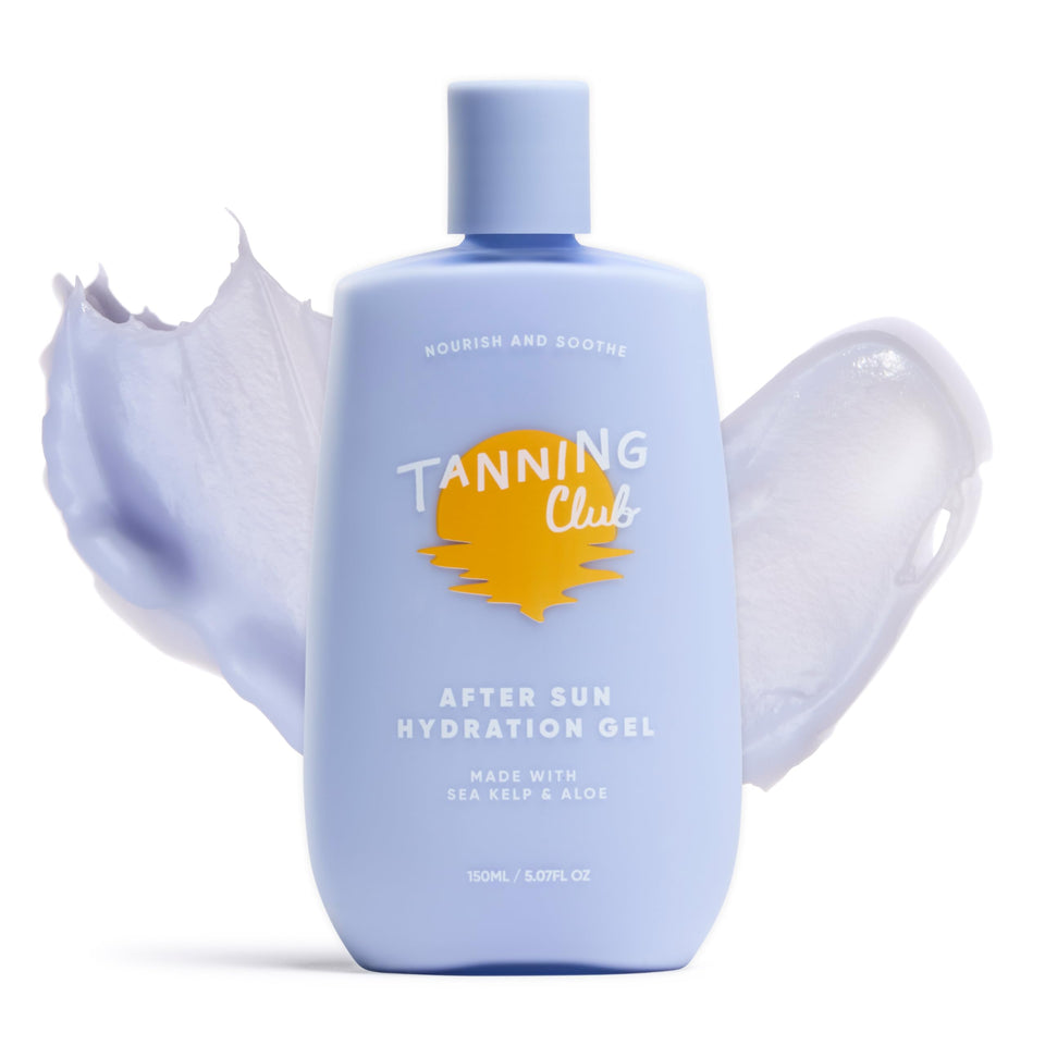 Tanning Club front packaging showing gel bottle and label for soothing relief
