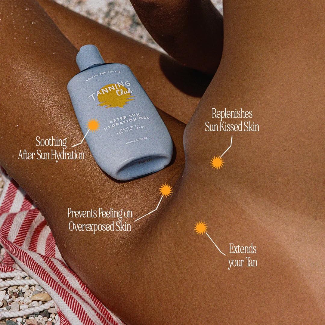Tanning Club applied to arms showing how the gel soothes and hydrates skin