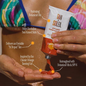 Tanning Club bottle cap and label detail highlighting easy-dispense benefit