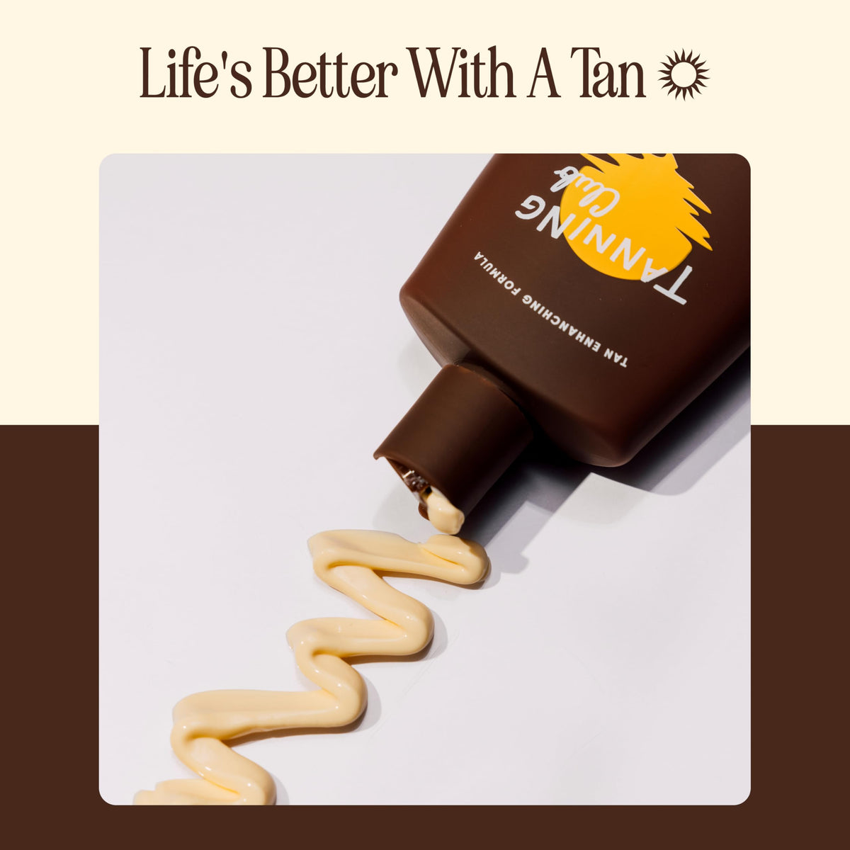 Tanning Club bottle placed on beach towel showing water-resistant convenience outdoors