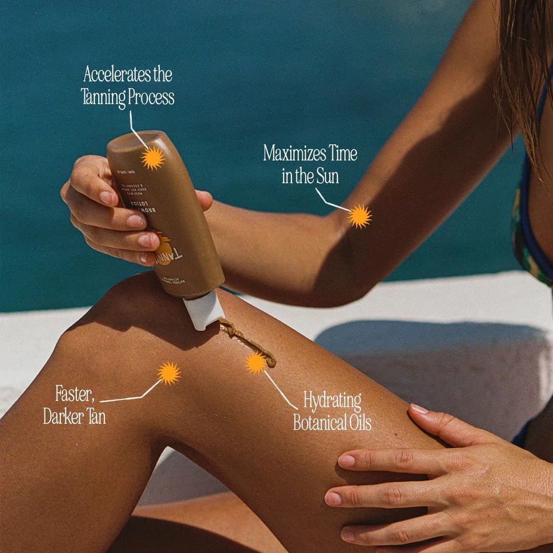 Tanning Club bottle next to a hand for 150 mL size comparison and portability
