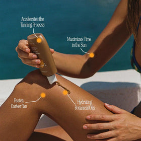 Tanning Club bottle next to a hand for 150 mL size comparison and portability