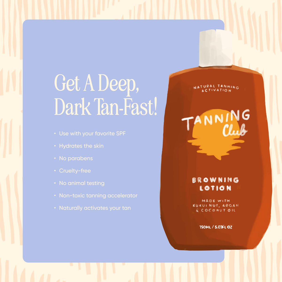 Tanning Club label close-up showing ingredients list and botanical formula