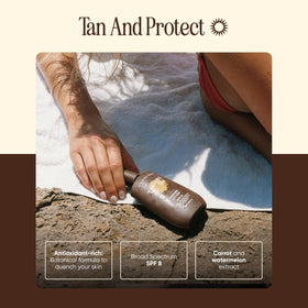 Tanning Club ingredient label close-up highlighting beta-carotene, green tea, aloe benefits