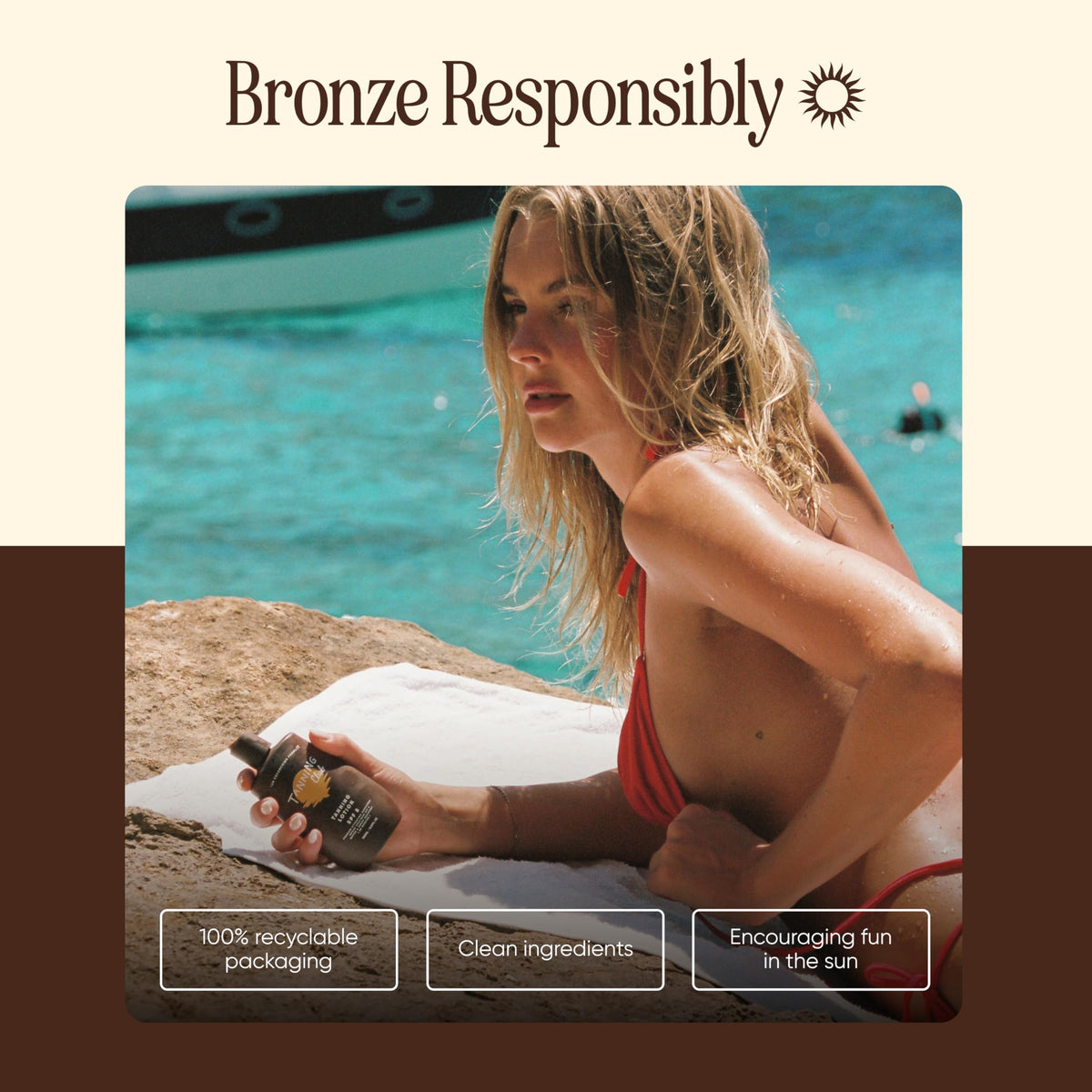 Tanning Club dispensing lotion from bottle illustrating controlled application and coverage