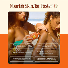 Tanning Club applying balm on forearm for even tan and smooth skin benefit