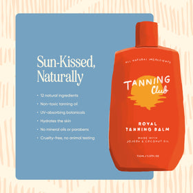 Tanning Club 150ml balm next to hand for size comparison and travel-friendly benefit