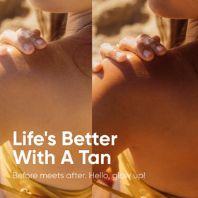 Tanning Club balm next to a ruler showing 100 ml size and portability benefit