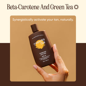 Tanning Club 150 ml bottle beside everyday items indicating compact, travel-friendly size