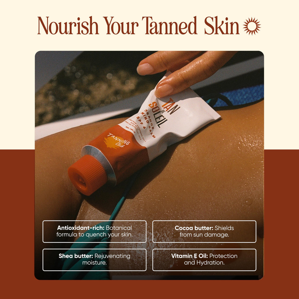 Tanning Club next to hand for scale showing travel-friendly 100ml benefit