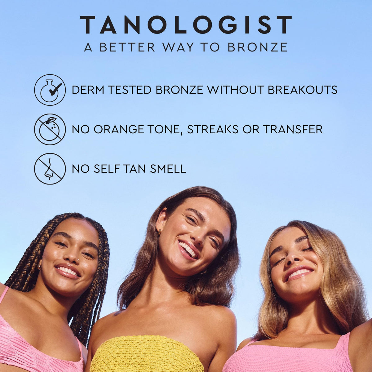 Tanologist mist spraying onto arm to show clear formula and quick-dry benefit