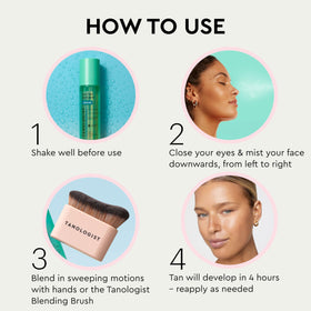 Tanologist face mist being applied to model for natural glow and seamless makeup layering benefit