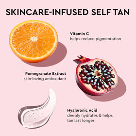 Tanologist ingredients label displaying hyaluronic acid and vitamin C for hydrated glow benefit