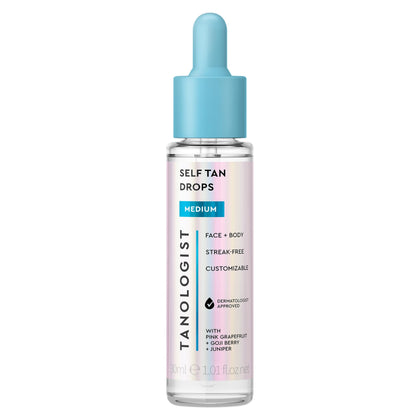 Tanologist front bottle showing Medium drops and clear formula for easy dosing