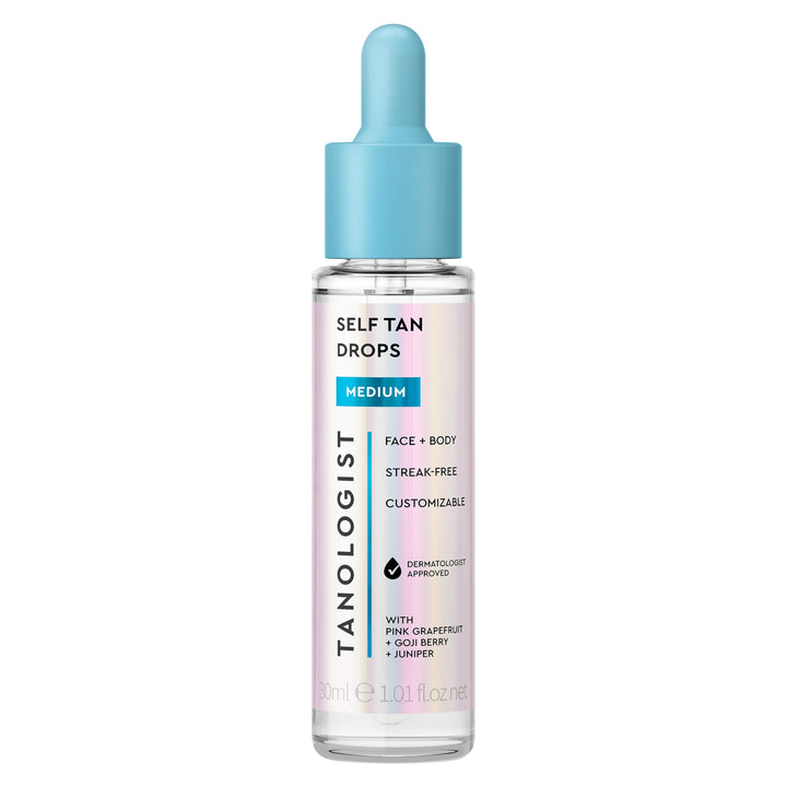 Tanologist front bottle showing Medium drops and clear formula for easy dosing