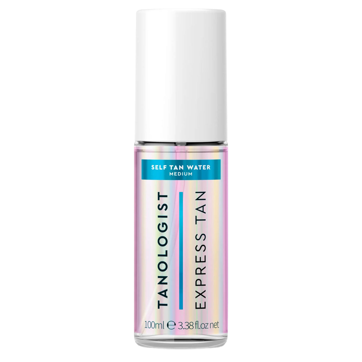 Tanologist medium mini front bottle showing clear tanning water and travel size benefit