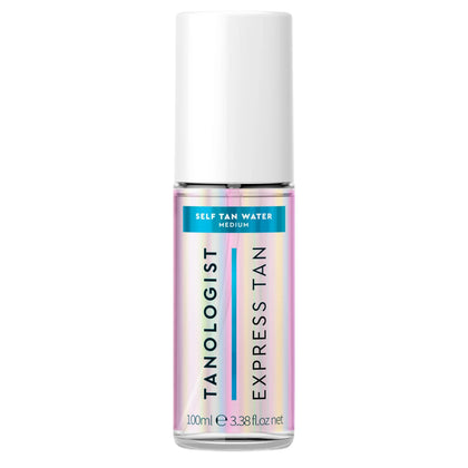 Tanologist medium mini front bottle showing clear tanning water and travel size benefit