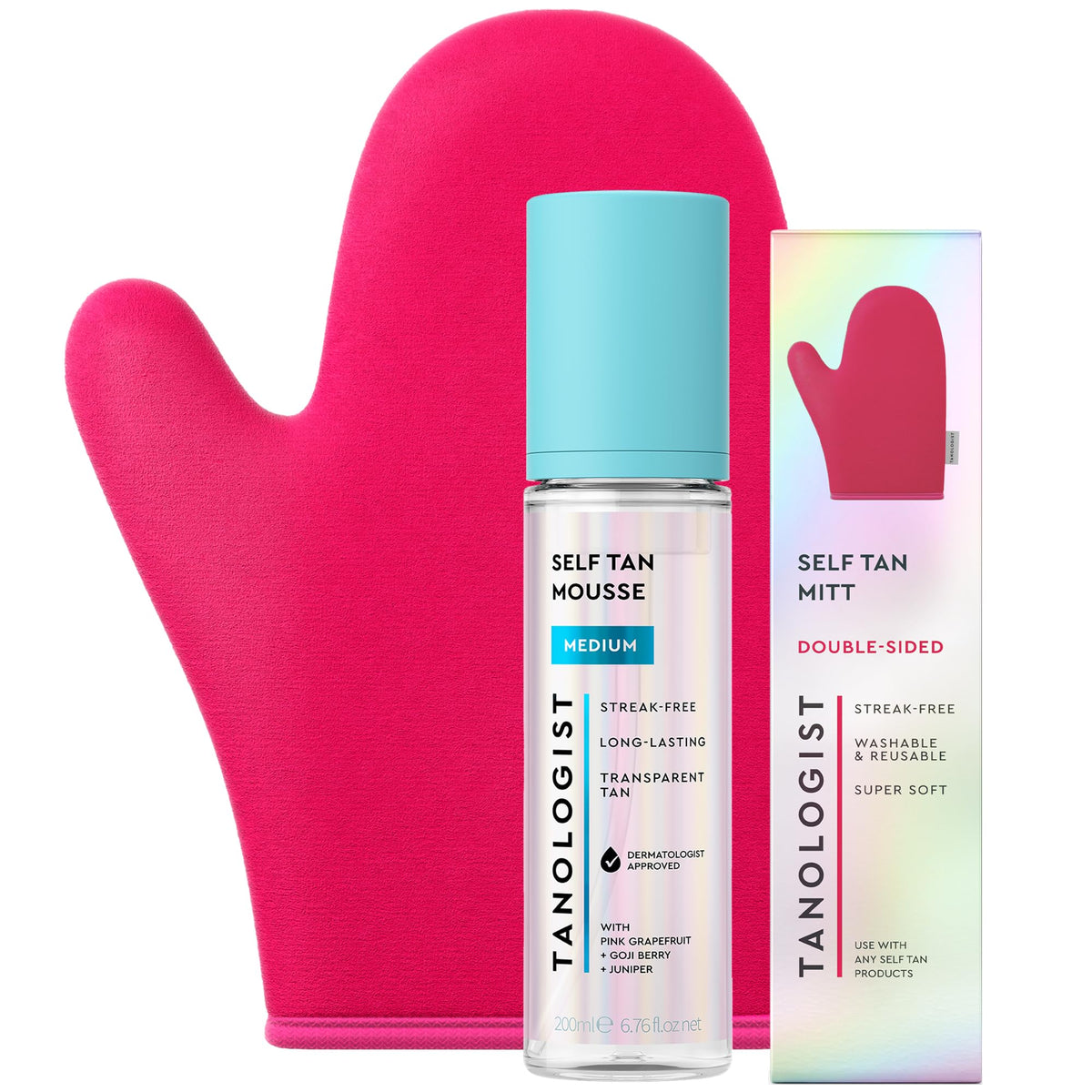 Tanologist bottle front packaging showing clear mousse and product benefits