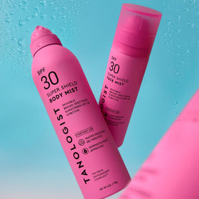 Tanologist applied poolside illustrating water-resistant protection benefit