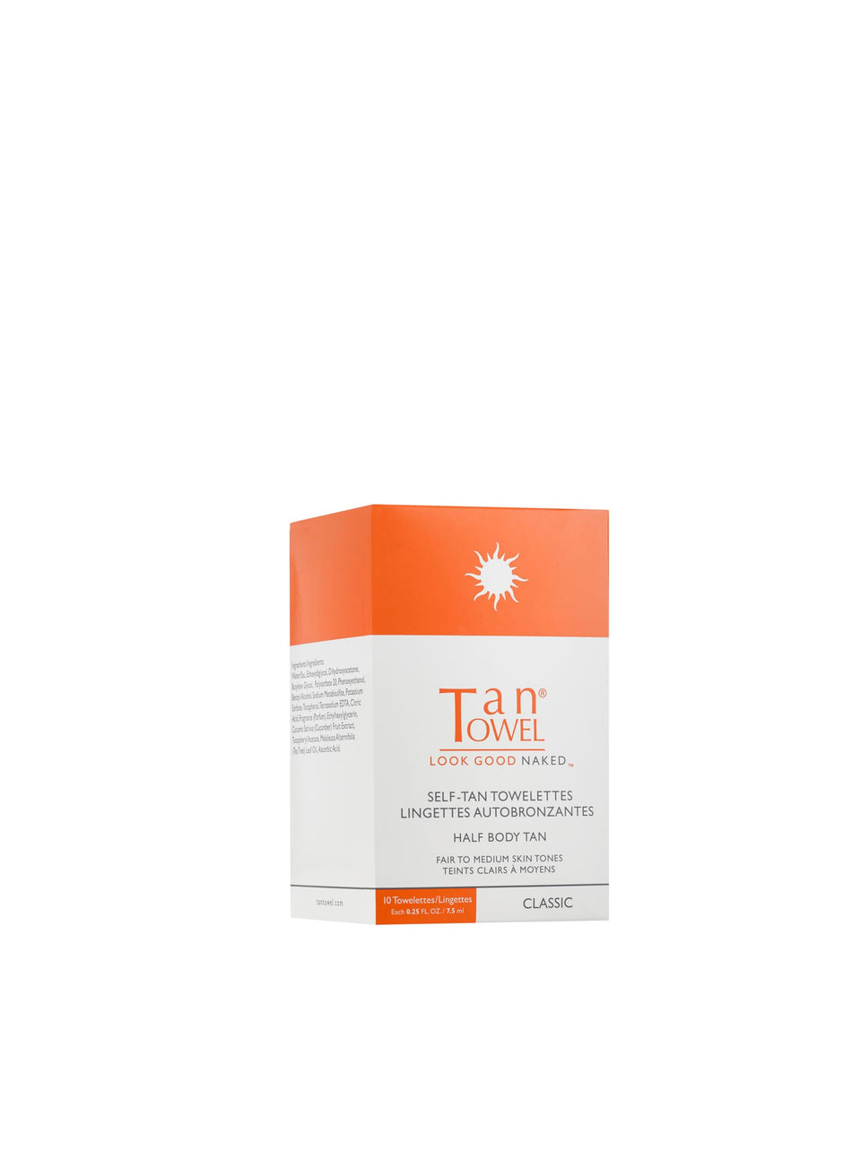 Tan Towel classic front packaging showing 10-count wipes and clear formula benefits
