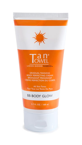 TanTowel front packaging showing bottle and golden BB cream benefits hydration