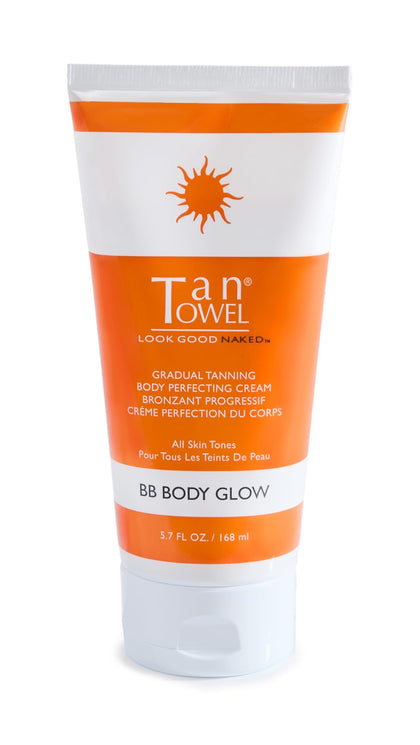 TanTowel front packaging showing bottle and golden BB cream benefits hydration