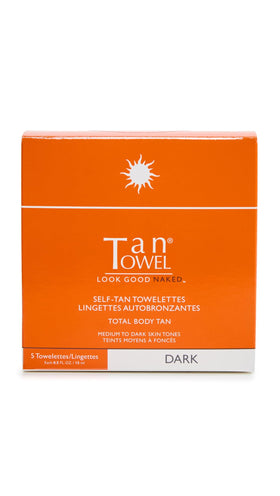 TanTowel front packaging showing 5 individually wrapped tan towelettes and clear benefits