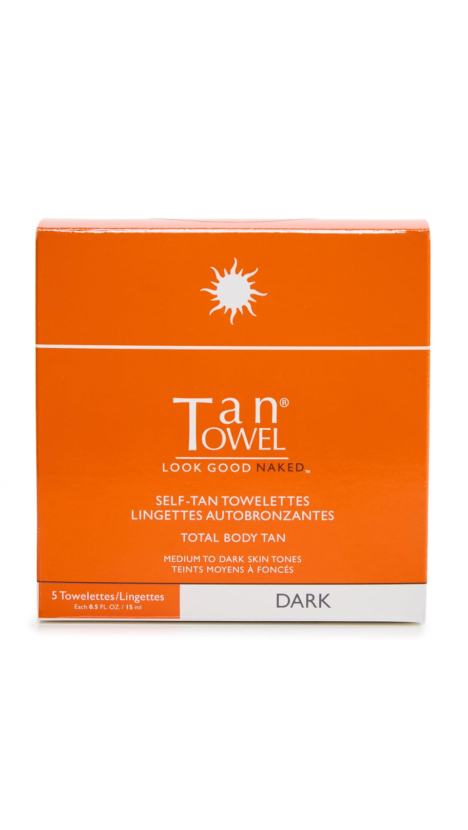 TanTowel front packaging showing 5 individually wrapped tan towelettes and clear benefits