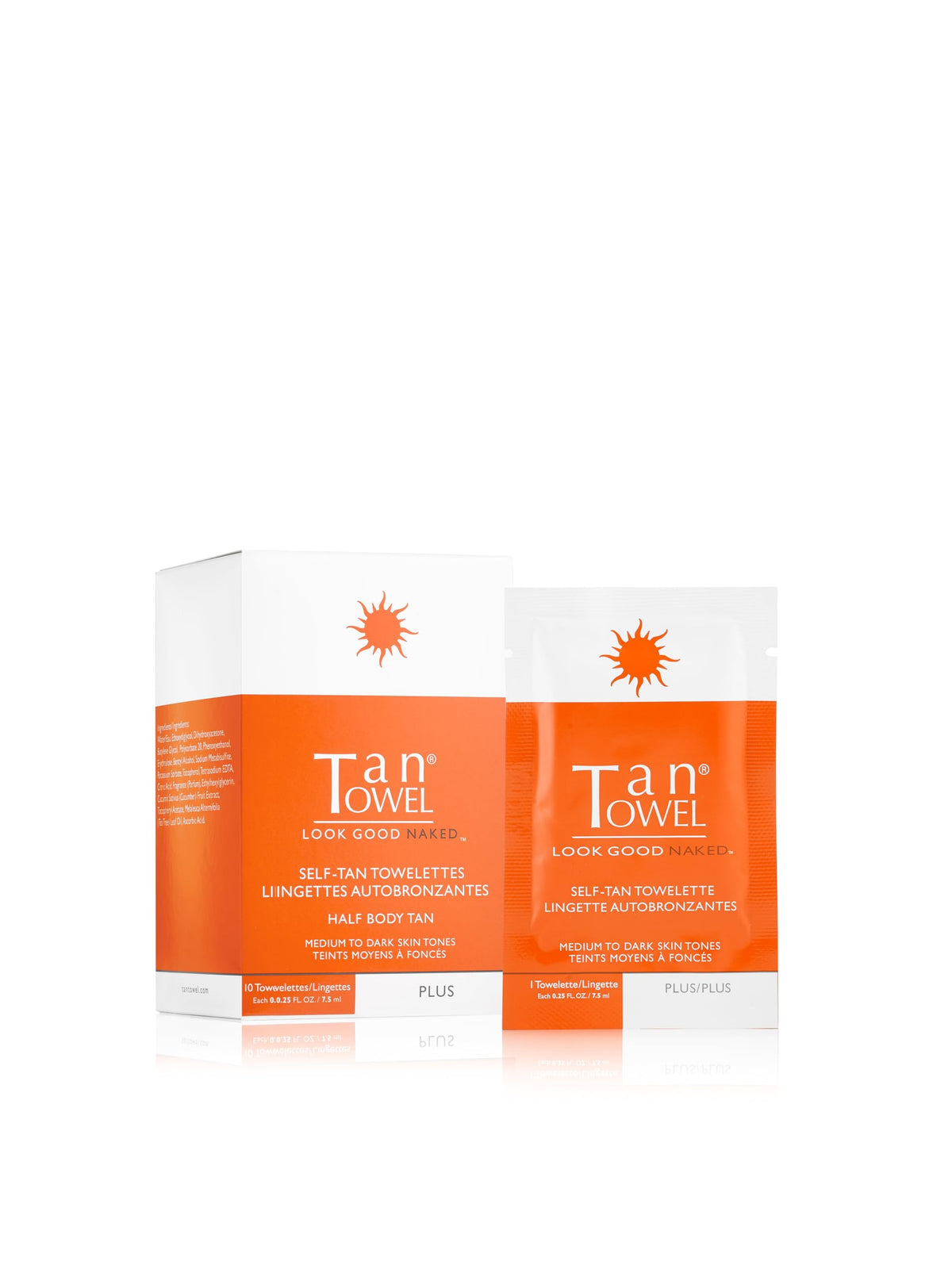 TanTowel front packaging showing 10-count plus wipes and clear formula benefit
