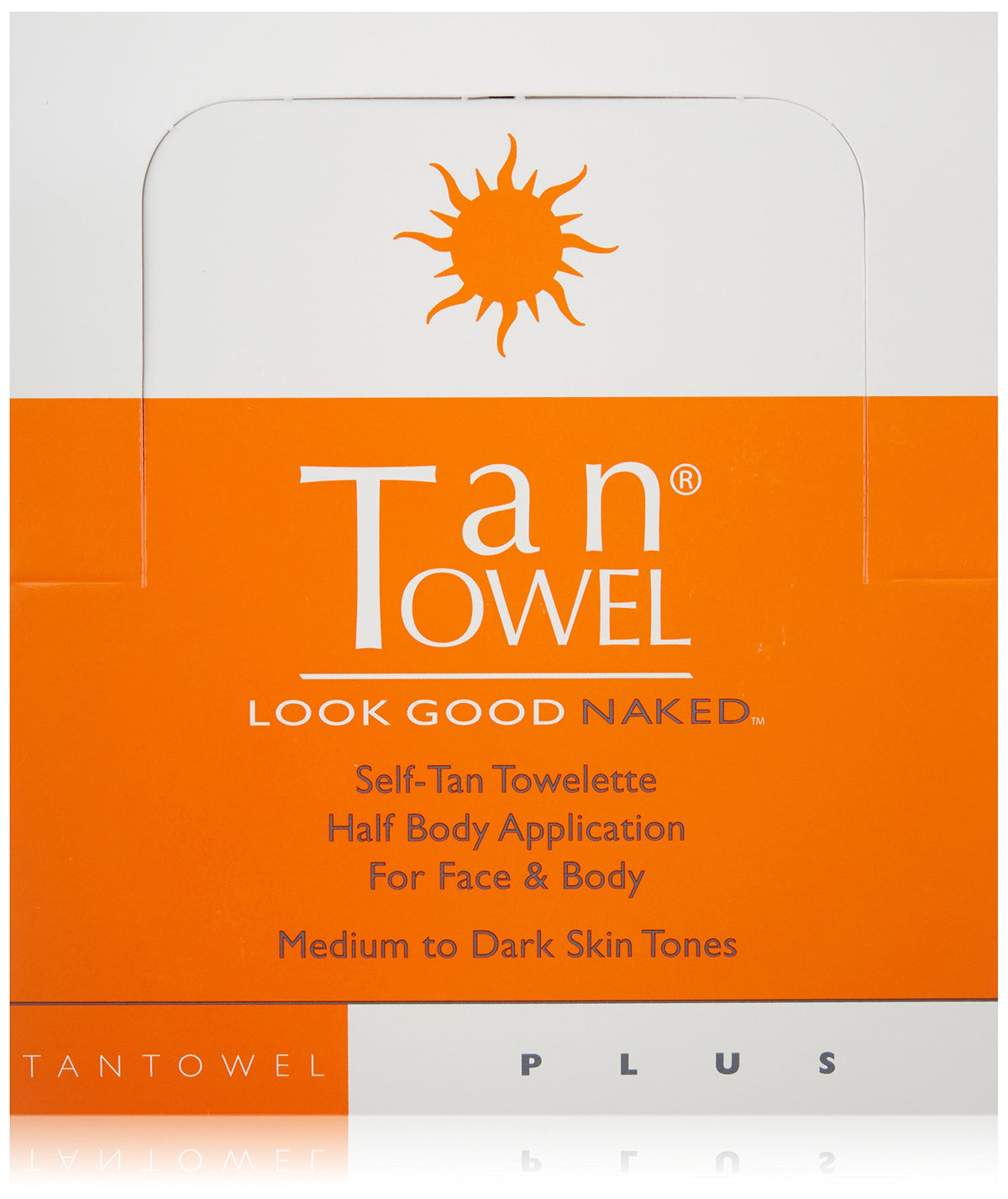 Tan Towel front packaging showing 50-count half body towelettes for easy tanning