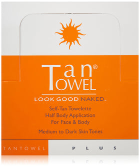 Tan Towel front packaging showing 50-count half body towelettes for easy tanning