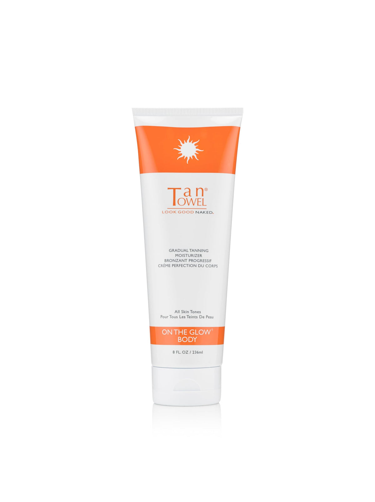 Tan Towel front packaging showing bottle and hydration benefit for gradual glow