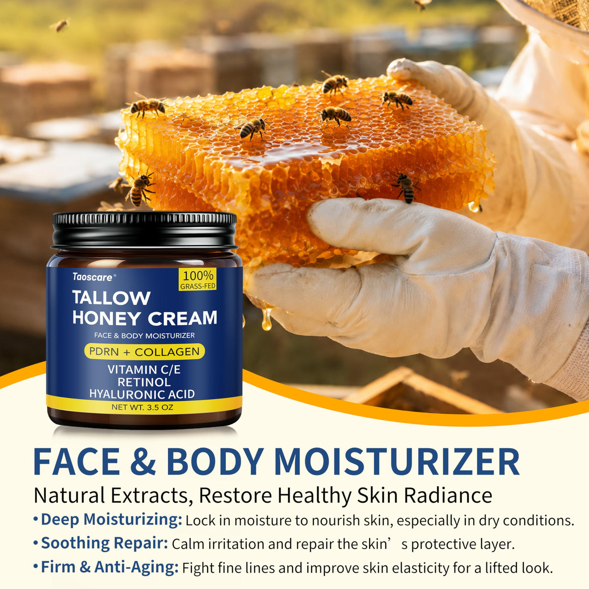 Taoscare ingredients honey and grass‑fed tallow highlighting natural benefits