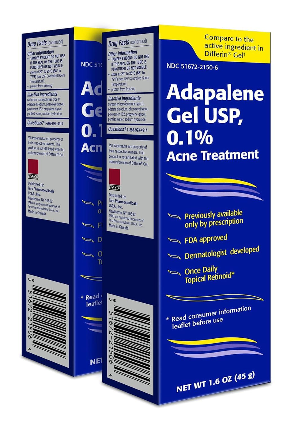 TARO adapalene front packaging showing two tubes and benefits