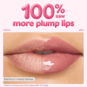 tarte on lips peachy beige shade, demonstrates natural plumping effect