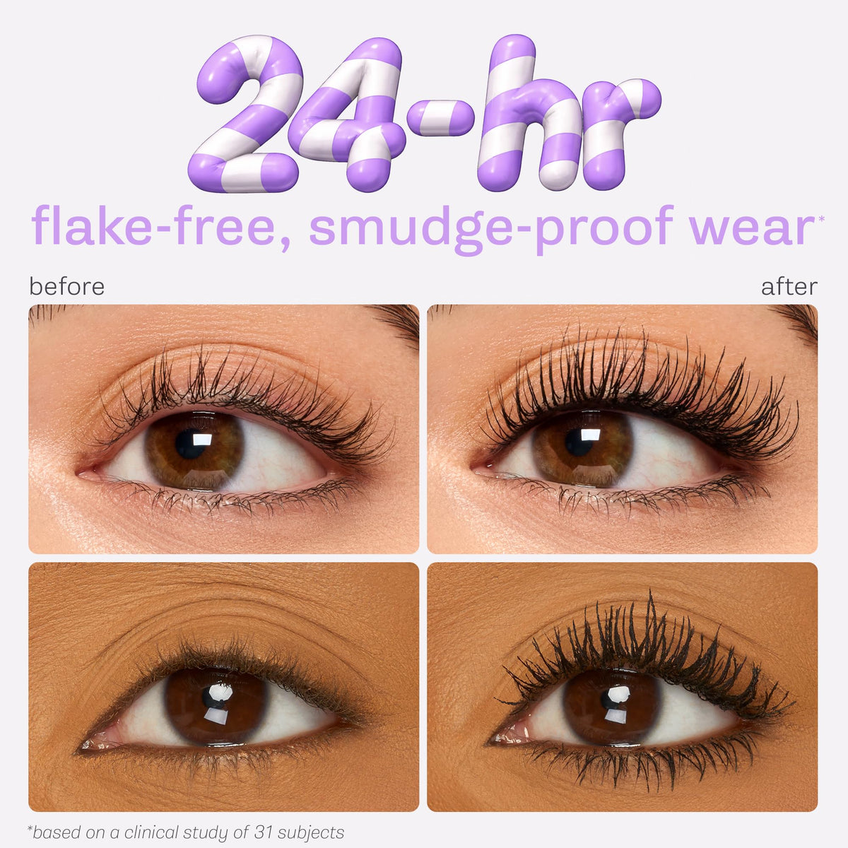 tarte before and after lashes comparison, visible length and lifted definition