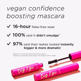 tarte big ego mascara travel size in hand communicates portability and on-the-go convenience benefit