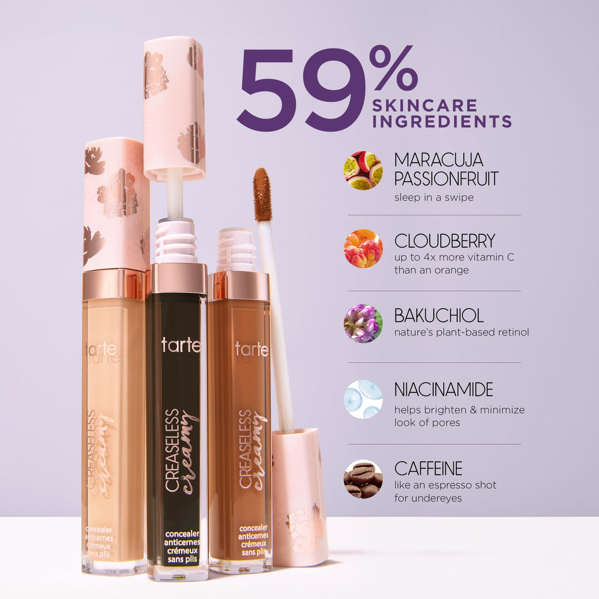 tarte concealer beside maracuja and cloudberry showing skincare benefits