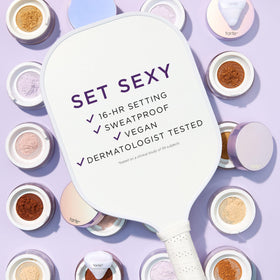 tarte creaseless setting powder applied with brush for even, oil-free coverage