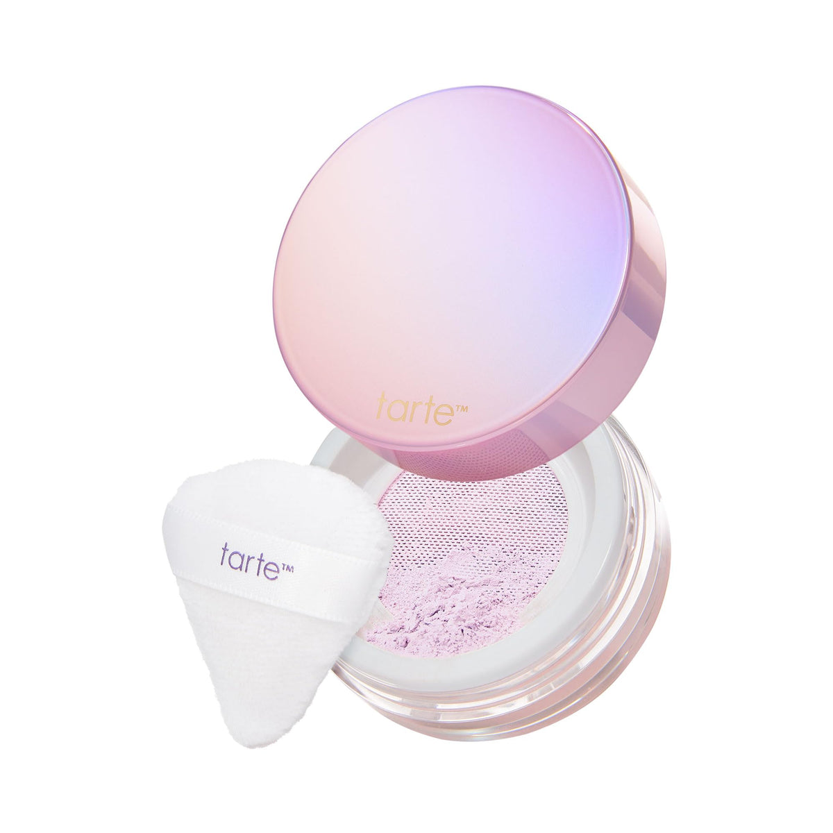 tarte creaseless setting powder jar front view shows compact packaging and brand